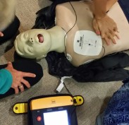 Defibrillator set up instructing us when to do CPR and when to stand clear and SHOCK